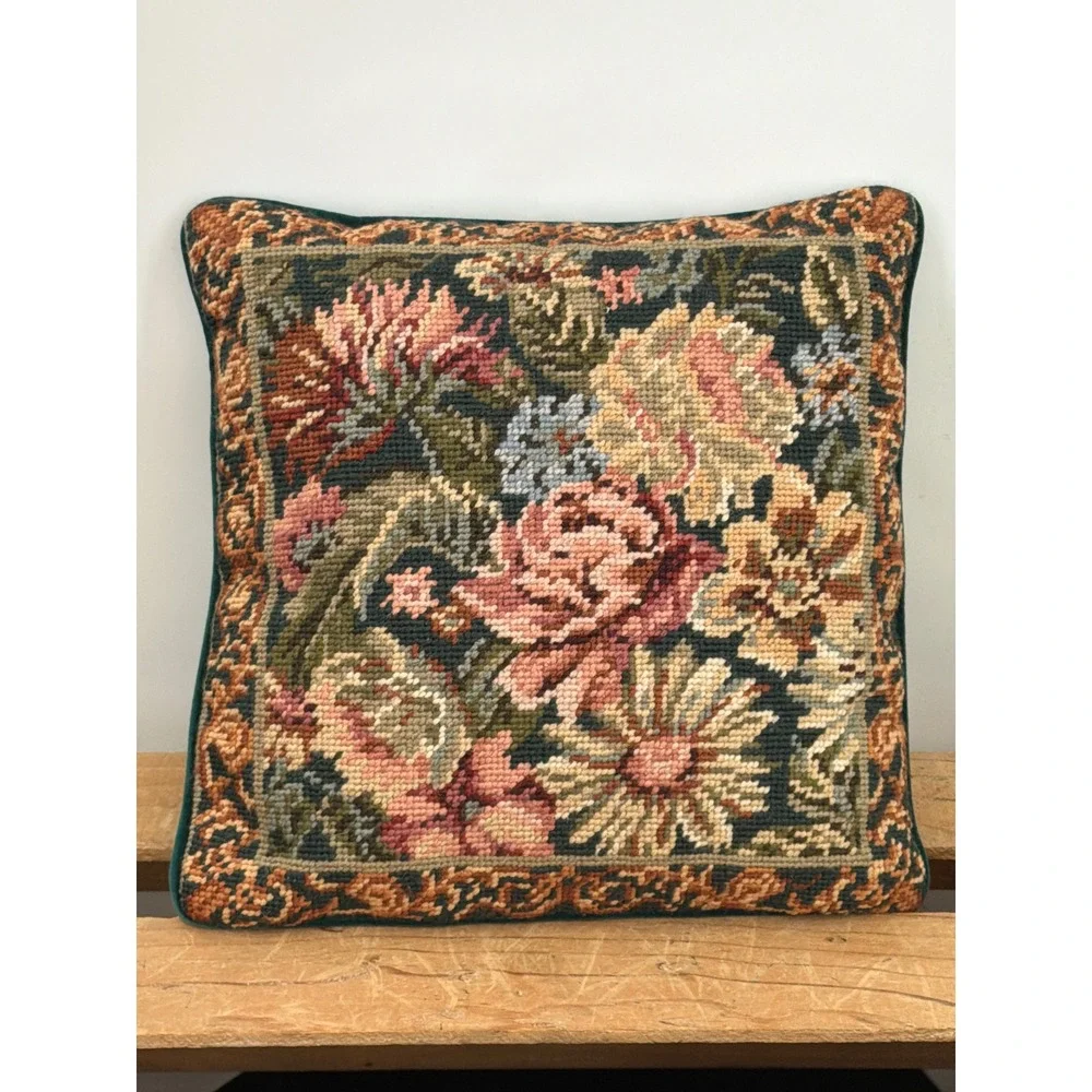 Vintage Floral Needlepoint Wool Throw Pillow Teal Velvet Back 12x12 Boho Decor